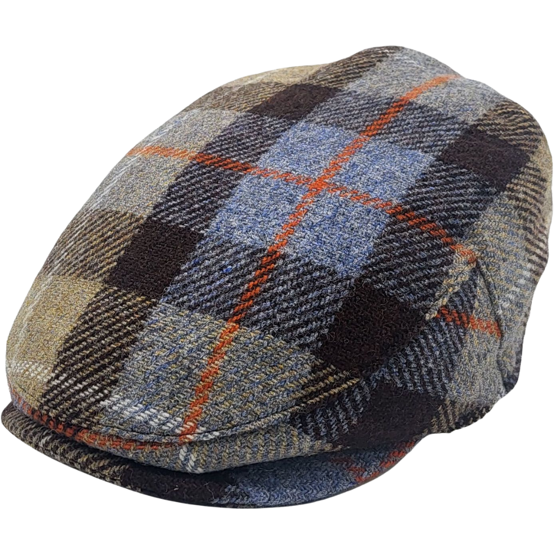 Ljósblár og brúnn flat cap - 100% ull