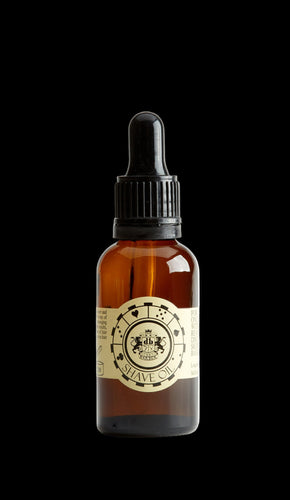 Bottle of shave oil with a dropper on a black background